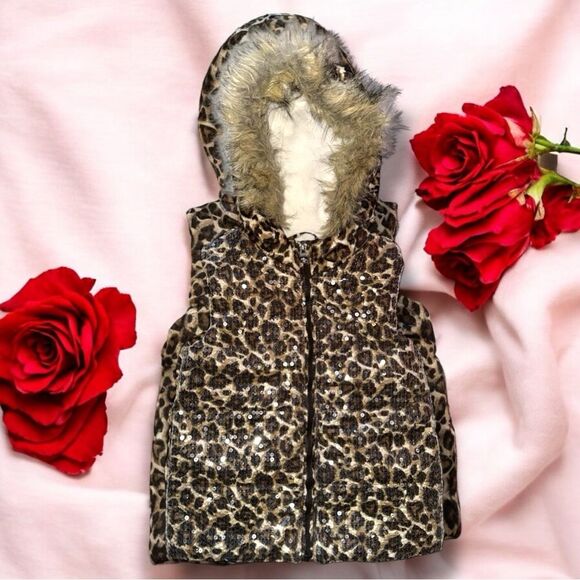 Children’s Place VTG Y2K Vest Animal Print Sequins Faux Fur Hooded Girl’s S 5/6 - Picture 15 of 16